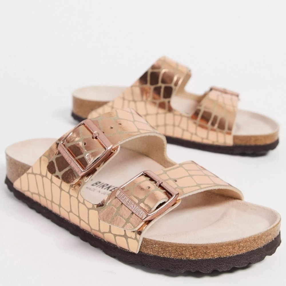 Birkenstock Birks Arizona Gator Gleam Copper Metallic Strap Sandals 40 7 9 NEW